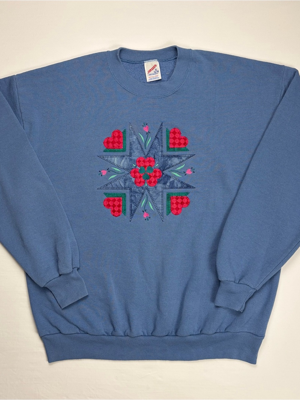 Vintage 90s Jerzees USA Sweatshirt XL Blue Patchwork Hearts Floral Applique